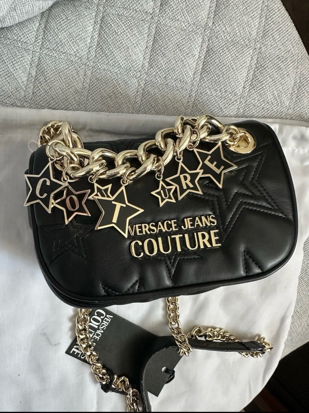 Versace Jeans Collection Black Quilted Star Charm Chain Shoulder Bag